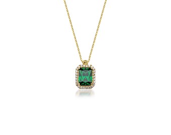 Emerald Necklace,14K Solid Yellow Gold Emerald Cut Solitaire Emerald Necklace, Solitaire Emerald Necklace, May Birthstone, Gemstone Necklace