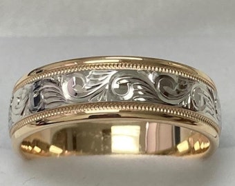 Hand Engraved Mens Wedding  Band, Two Tone Gold Hand Engraved Mens Wedding Ring, 7mm 10K 14K 18K Solid White and Yellow Gold Wedding Bands