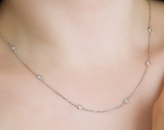 Diamond By The Yard Necklace, 14K Gold Diamond Station Necklace, Bezel Set Round Natural Diamond Necklace, Womens Necklace