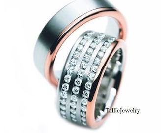 His and Hers Diamond Eternity Wedding Bands, Matching Wedding Rings Set, 10K 14K 18K  White and Rose Gold Diamond Wedding Rings