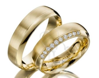 His and Hers Matching Wedding Rings Set ,6mm 10K 14K 18K Solid Yellow Gold Diamond Wedding Rings,  Diamond Wedding Bands