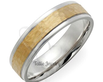 Two Tone Gold Wedding Bands,6mm 14K White and Yellow Gold Mens Wedding Rings, Hammered Finish Mens Wedding Bands,Two Tone Wedding Rings