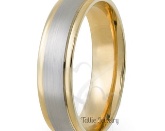 Two Tone Gold Wedding Bands, 6mm 10K 14K 18K White and Yellow Gold Mens or Womens Wedding Rings, Two Tone Gold Mens Wedding Bands