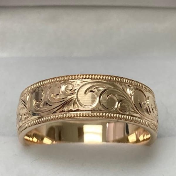 Hand Engraved Mens Wedding Bands,  Hand Engraved Mens Wedding Rings,  7mm 10K 14K 18K Solid Yellow Gold Hand Engraved Rings,  Rings for Men