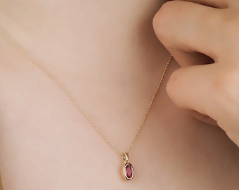 14K Gold Ruby Necklace, Minimalist Oval Ruby Necklace, Ruby Solitaire Necklace,  July Birthstone, Womens Layering Necklace, Gemstone