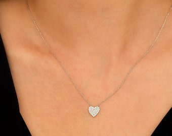 Minimalist Heart Necklace, 14K Solid White Gold Heart Necklace, Diamond CZ Heart