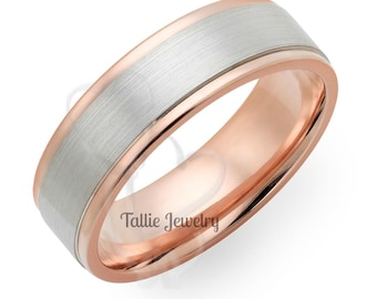 Two Tone Gold Wedding Bands, Mens Wedding Ring ,Mens Wedding Band, 6mm 14K Solid White and Rose Gold Wedding Rings, Two Tone Gold Rings