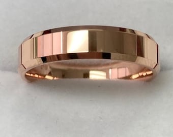 Beveled Edge Mens Wedding Bands, Shiny Finish Mens Wedding Rings, 5mm 14K Solid Rose Gold  Wedding Bands, His and Hers Wedding Rings