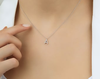 14K White Gold Diamond Initial Necklace, Diamond Letter Necklace, Layering Diamond Necklace, Diamond Initial Pendant in 14K Gold