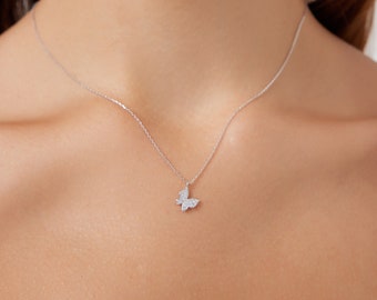 Butterfly Necklace,14K Solid White Gold Butterfly Necklace, Diamond CZ Butterfly Necklace, Minimalist Butterfly Necklace, Gifts for Her