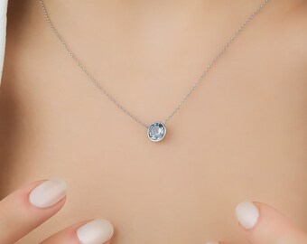 14K Solid White Gold Aquamarine Necklace, 6mm Bezel Set Round Aquamarine Solitaire Necklace, March Birthstone, Gemstone, Womens Necklace