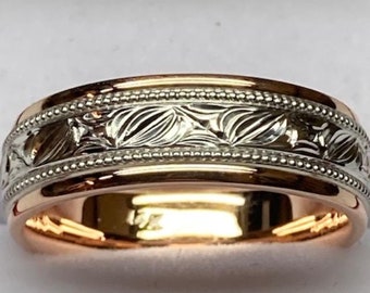 Hand Engraved Mens Wedding Band, Hand Engraved Mens Wedding Ring, 7mm 10K 14K White and Rose Gold Wedding Bands, Two Tone Gold Wedding Bands