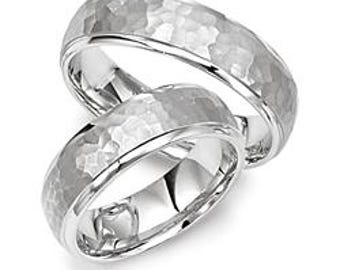 His and Hers Wedding Bands, Matching Wedding Rings Set ,6mm 10K 14K 18K Solid White Gold Mens and Womens  Wedding Bands, Hammered finish