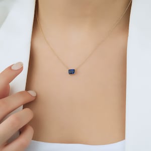 14K Yellow Gold Sapphire Necklace, 6mm Emerald Cut Blue Sapphire Solitaire Necklace, September Birthstone, Gold Necklace, Gemstone
