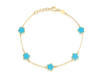 14K Yellow Gold Turquoise Blossom Bracelet, Daisy Flower Bracelet, Flower Station Bracelet, Turquoise Clover Bracelet
