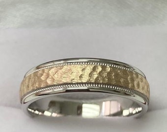 6mm 10K 14K 18K White and Yellow Gold Mens Wedding Bands, Milgrain Hammered Finish Mens & Womens Wedding Rings, Two Tone Gold Wedding Bands
