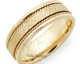 Hammered Finish Mens Wedding Band, 7mm,10K,14K,18K Solid Yellow Gold Braided Mens Wedding Ring