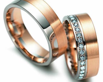 His and Hers Wedding Bands, His and Hers Wedding Rings, Matching Wedding Bands, 10K 14K 18K Solid White and Rose Gold Diamond Wedding Bands