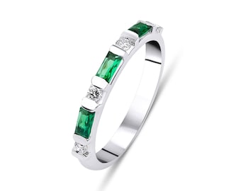 14K Solid White Gold Emerald and Diamond Ring, Baguette Cut Emerald Wedding Band, Diamond Wedding Bands, Eternity Rings,Gemstone Rings