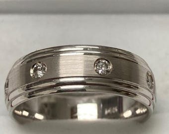 Mens Diamond Wedding Band, Mens Diamond Wedding Ring, 7mm 10K 14K 18K Solid White Gold Wedding Bands, Satin Finish, Comfort Fit