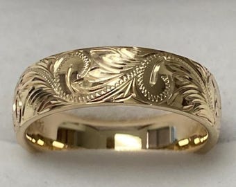 Hand Engraved Mens Wedding Band, Hand Engraved Mens Wedding Ring ,6mm 10K 14K 18K Solid Yellow Gold Wedding Bands, Wedding Bands