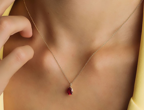 Ruby Solitaire Necklace, 14K Solid Yellow Gold Ruby Necklace, Pear