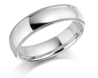 6mm 10K 14K 18K Solid White Gold Wedding Bands, Dome Milgrain Mens Wedding Ring, Classic Plain Mens Wedding Band, Comfort Fit, Polished