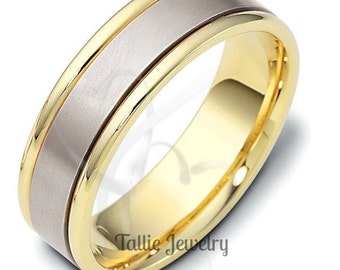 Two Tone Gold Wedding Bands, Satin Finish Mens Wedding Rings, 6mm 10K 14K 18K White and Yellow Gold Wedding Bands, Mens Wedding Bands