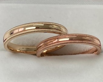 His and Hers Wedding Bands, Matching Wedding Rings Set , 10K 14K 18K Yellow and Rose Gold Dome Milgrain Wedding Bands