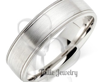 White Gold Wedding Bands, Satin Finish Milgrain Mens Wedding Rings,  His & Hers Wedding Bands, Rings for Men, Rings for Women