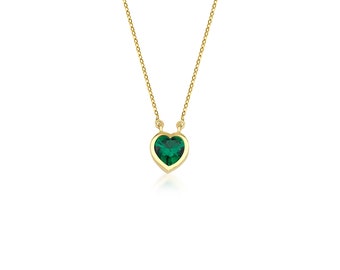 14K Solid Yellow Gold Solitaire Emerald Necklace, Heart Shape Emerald Necklace, Heart Necklace, May Birthstone, Gemstone Necklace