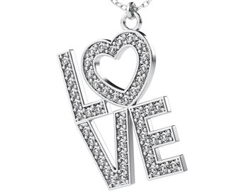 14K Solid White Gold Love Necklace, 0.50 Carat Natural Diamond Love Necklace, Love Pendant, Valentines Day Gifts , Diamond Necklace