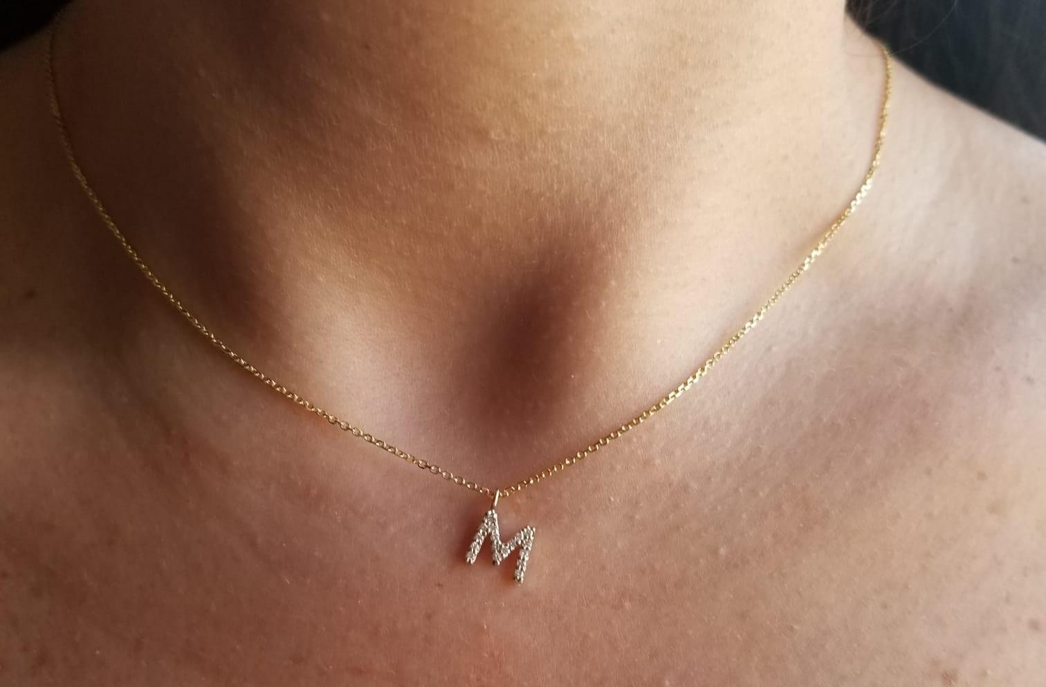 Diamond Letter M Pendant Necklace in 14k Yellow Gold