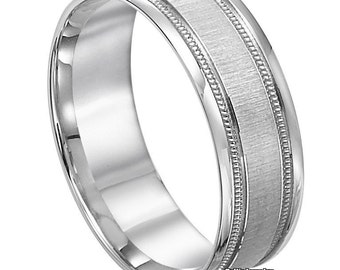 Mens White Gold Wedding Bands, Milgrain Brushed Finish Mens Wedding Rings, 7mm 10K 14K 18K Solid White Gold Mens Wedding Bands