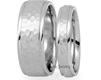 Platinum Matching Wedding Bands Set,  His and Hers Platinum Wedding Rings, Platinum Hammered Finish Wedding Bands, Platinum Wedding Rings