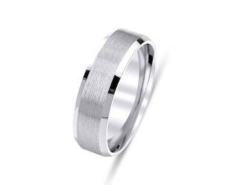 Mens Wedding Band. Mens Wedding Ring, 6mm 10K 14K 18K Solid White Gold Wedding Bands , Satin Finish ,Beveled Edge, Comfort Fit