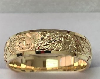 Hand Engraved Wedding Band, Hand Engraved Wedding Ring, 7mm 10K 14K 18K Yellow Gold Mens Wedding Bands, Hand Engraved Mens Wedding Rings