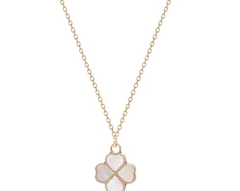 14K Solid Yellow Gold Mother of Pearl Four Leaf Clover Necklace, Minimalist Mother of Pearl Clover Necklace, Small Irish Clover Necklace