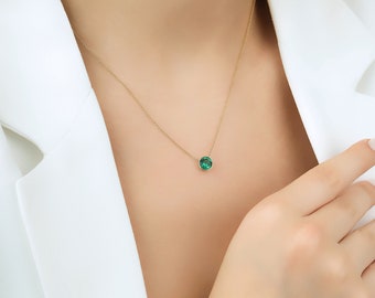 14K Yellow Gold Emerald Necklace, 6mm Bezel Set  Solitaire Emerald Necklace, May Birthstone, Green Emerald, Gemstone,