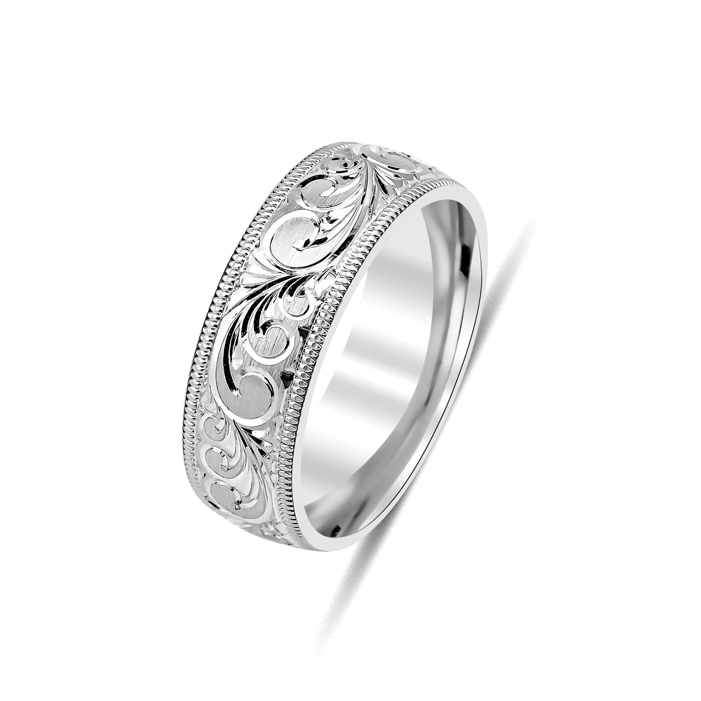 7mm 10K 14K 18K Solid White Gold Hand Engraved Mens Wedding Band, Hand ...