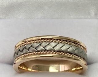 Two Tone Mens Wedding Bands, Handmade Braided Mens Wedding Rings, 7mm 10K 14K 18K White and Yellow Gold Wedding Bands,  Two Tone Mens Ring