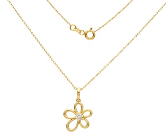 14K Solid Yellow Gold Daisy Necklace, Flower Necklace, Minimalist Flower Necklace, Luck Charm, Clover Necklace