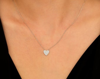 14K Solid White Gold Heart Necklace, Dainty Heart Necklace, Diamond CZ Heart Necklace, Minimalist Heart Necklace, Valentines Day Gift