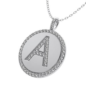 14K Solid White Gold Diamond Initial Necklace, 0.65 Carat Diamond Letter Necklace, Diamond Letter Pendant ,Personalized Diamond Disc Pendant