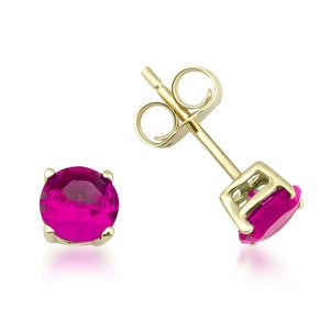 May include: A pair of gold stud earrings with a round, bright pink gemstone in each earring.