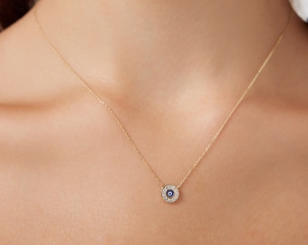 Evil Eye Necklace, 14K Solid Yellow Gold Round Evil Eye Necklace, Minimalist Evil Eye Necklace