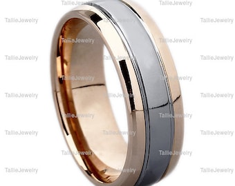 Two Tone Wedding Bands, 6mm 14K Solid White and Rose Gold Shiny Finish Mens or Womens Wedding Rings, Two Tone Gold Wedding Bands