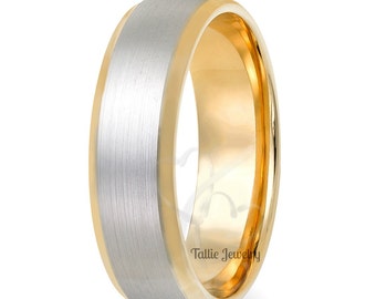 Two Tone Gold Wedding Bands,  Satin Finish Beveled Edge Mens Wedding Rings, 6mm 10K 14K 18K Solid White and Yellow Gold Mens Wedding Bands