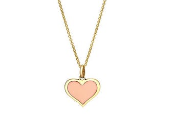 14K Solid Yellow Gold Heart Necklace, Pink Heart Necklace, Minimalist Heart Necklace, Pink Heart Pendant, Heart Charm