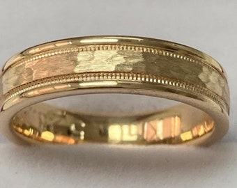4mm 10K 14K 18K Yellow Gold Wedding Bands, Milgarin Hammered Finish Mens and Womens Wedding Rings, His and Hers Wedding Bands, Comfort Fit